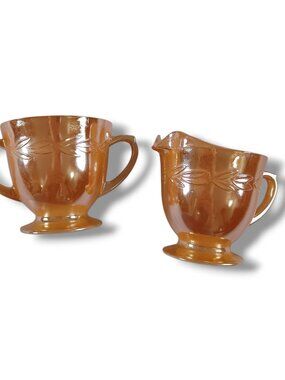 Vintage Fire King Creamer And Sugar Bowl Set Peach Lusterware Laurel Leaf USA